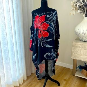 Off Shoulder  Kaftan one Size Swimsuit Cover Up Tshirt Beach Dress Floral Black